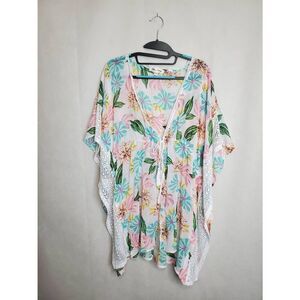 Miken Swim Floral Tie Waist Deep V Lace Trim Sheer Kaftan Swim Coverup Beach